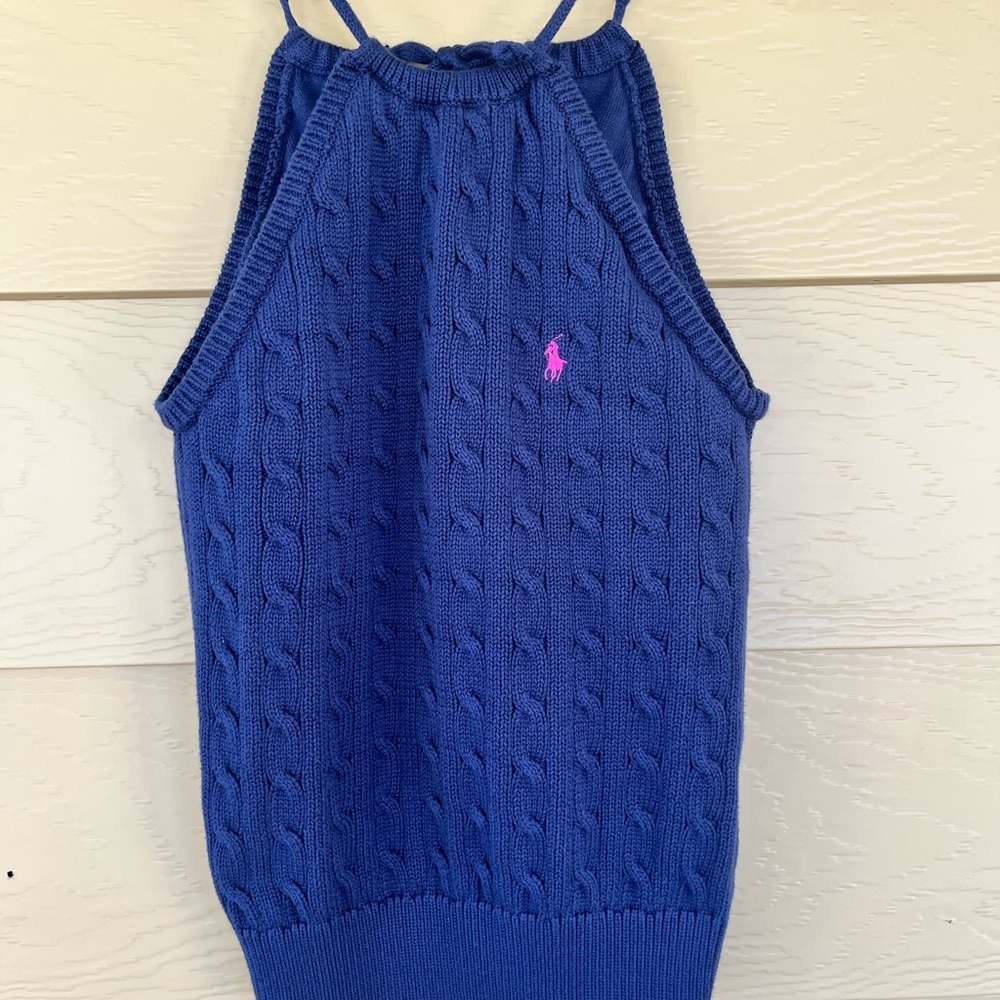 Ralph Lauren Royal Blue Cable-Knit Halter Tank with Pink Pony